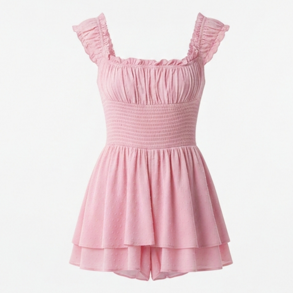 Urban Outfitters Rosie Smocked Tiered Ruffle Romper Pink Swiss Dot M Barbiecore